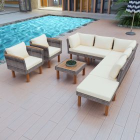 GO 9-Piece Patio Rattan Furniture Set, Outdoor Conversation Set With Acacia Wood Legs and Tabletop, PE Rattan Sectional Sofa Set with Coffee Table