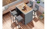 5-pieces Outdoor Patio Wicker Bar Set, Bar Height Chairs With Non-Slip Feet And Fixed Rope, Removable Cushion, Acacia Wood Table Top