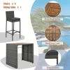 5-pieces Outdoor Patio Wicker Bar Set, Bar Height Chairs With Non-Slip Feet And Fixed Rope, Removable Cushion, Acacia Wood Table Top