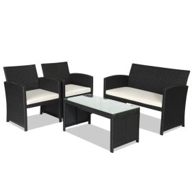 4 Pieces Rattan Patio Furniture Set with Weather Resistant Cushions and Tempered Glass Tabletop (Color: White)