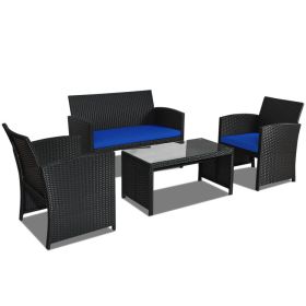 4 Pieces Rattan Patio Furniture Set with Weather Resistant Cushions and Tempered Glass Tabletop (Color: Navy)