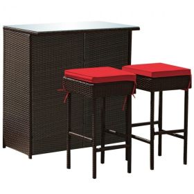 3 Pieces Patio Rattan Wicker Bar Table Stools Dining Set (Color: Red)