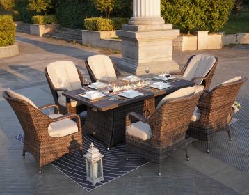 Direct Wicker Patio Fire Pit Dining Set 6-Seat Rectangular Aluminum Table with Rattan Chairs (Color: Brown)