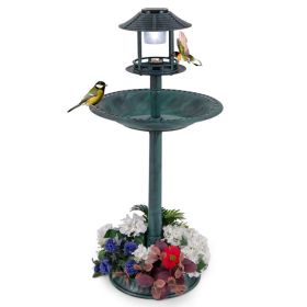 Pedestal Bird Bath with Solar Light with Bird Feeder and Flower Planter (Color: Green)