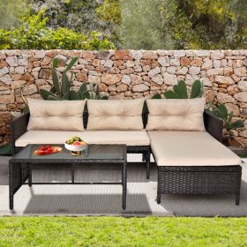 3 Piece Outdoor PE Rattan Furniture Set, Patio Black Wicker Conversation Loveseat Sofa Sectional Couch Khaki Cushion (Color: as picture)