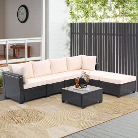 7 Pieces Outdoor Patio Furniture Set,Sectional Conversation Sofa Of Corner Chairs,Ottomans And Glass Top Table (Color: Coffee+Beige)