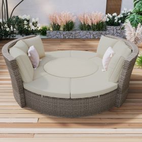 Patio 5-Piece Round Rattan Sectional Sofa Set All-Weather PE Wicker Sunbed Daybed with Round Liftable Table and Washable Cushions for Outdoor Backyard (Color: Gray)