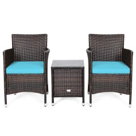 3 Pieces Ergonomic Wicker Patio Conversation Set (Color: Blue)