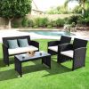 4 Pieces Rattan Patio Furniture Set with Weather Resistant Cushions and Tempered Glass Tabletop