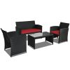 4 Pieces Rattan Patio Furniture Set with Weather Resistant Cushions and Tempered Glass Tabletop