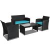 4 Pieces Rattan Patio Furniture Set with Weather Resistant Cushions and Tempered Glass Tabletop