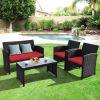 4 Pieces Rattan Patio Furniture Set with Weather Resistant Cushions and Tempered Glass Tabletop