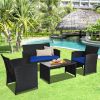 4 Pieces Rattan Patio Furniture Set with Weather Resistant Cushions and Tempered Glass Tabletop