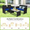 4 Pieces Rattan Patio Furniture Set with Weather Resistant Cushions and Tempered Glass Tabletop