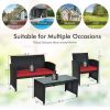 4 Pieces Rattan Patio Furniture Set with Weather Resistant Cushions and Tempered Glass Tabletop