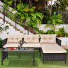 3 Piece Outdoor PE Rattan Furniture Set, Patio Black Wicker Conversation Loveseat Sofa Sectional Couch Khaki Cushion