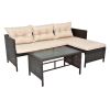 3 Piece Outdoor PE Rattan Furniture Set, Patio Black Wicker Conversation Loveseat Sofa Sectional Couch Khaki Cushion