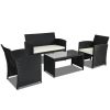 4 Pieces Rattan Patio Furniture Set with Weather Resistant Cushions and Tempered Glass Tabletop